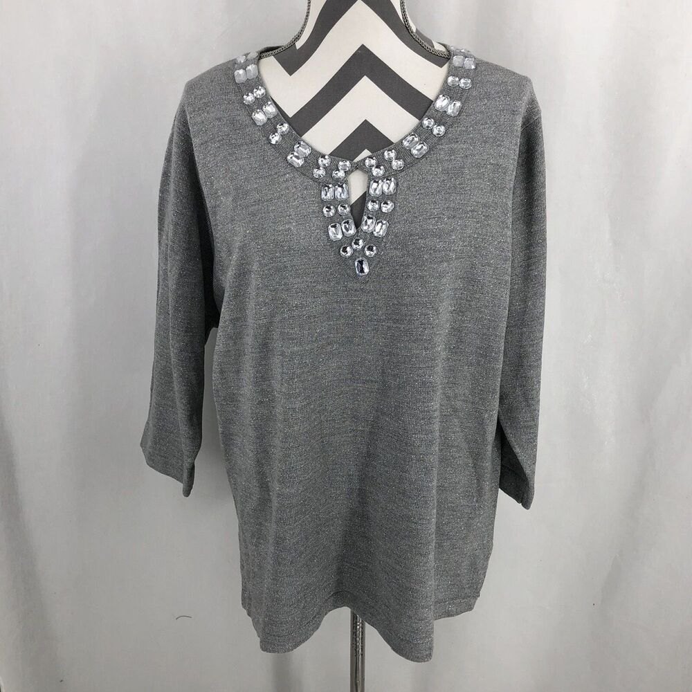 Cathy Daniels Silver Shimmer Keyhole Neck Rhinestone Long Sleeve Sweater XL